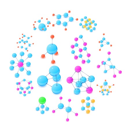 Molecule icons set. Isometric illustration of 16 molecule vector icons for webのイラスト素材