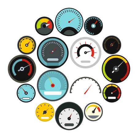 Flat speedometer icons set. Universal speedometer icons to use for web and mobile UI, set of basic speedometer elements isolated vector illustrationのイラスト素材