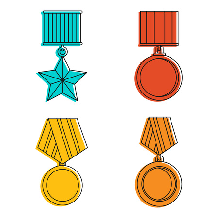 Army medal icon set. Color outline set of army medal vector icons for web design isolated on white backgroundのイラスト素材