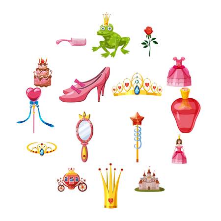 Princess fairytale doll icons set. Cartoon illustration of 16 princess fairytale doll vector icons for webのイラスト素材