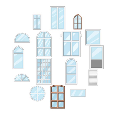 Window design types icons set. Cartoon illustration of 16 window design types vector icons for webのイラスト素材