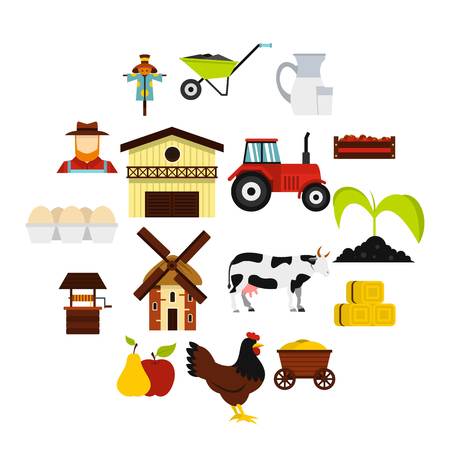 Farm set icons in flat style isolated on white backgroundのイラスト素材