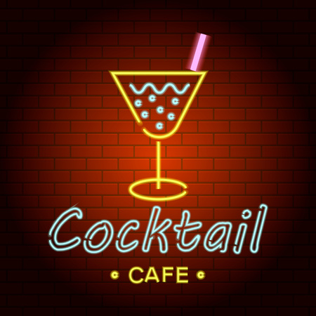 Cocktail cafe  neon light icon. Realistic illustration of cocktail cafe  neon light vector icon for web designのイラスト素材