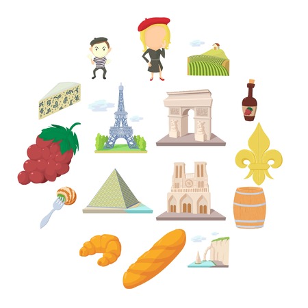 France travel icons set, cartoon styleのイラスト素材