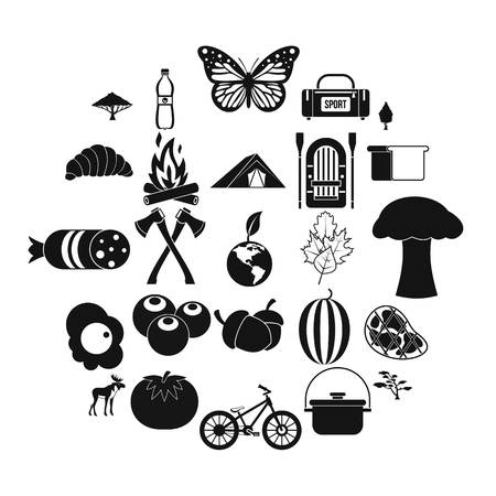 Hiking in the wilderness icons set, simple styleのイラスト素材