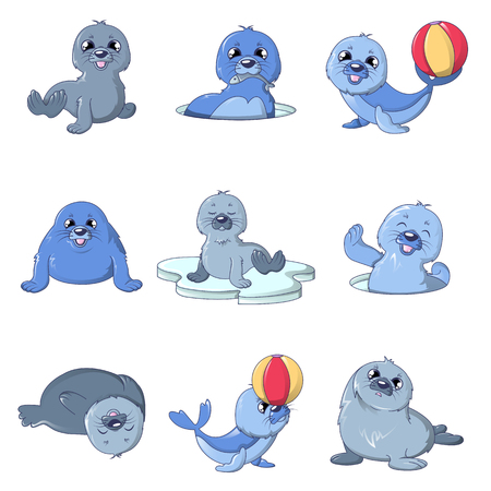 Seal pups cute character icons set. Cartoon illustration of 9 seal pups cute character vector icons for webのイラスト素材