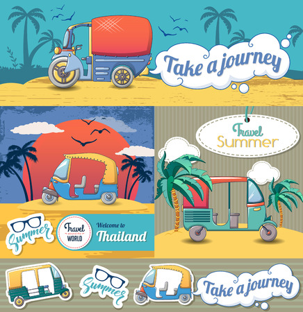 Tuk rickshaw Thailand banner set, cartoon styleのイラスト素材