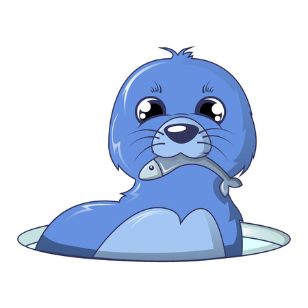 Walrus with fish icon, cartoon styleのイラスト素材