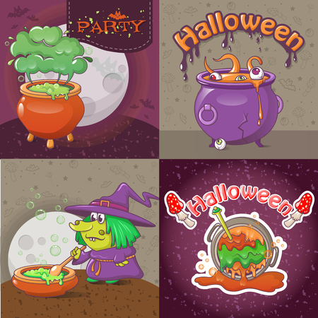 Cauldron pot halloween banner concept set. Cartoon illustration of 4 cauldron pot halloween vector banner concepts for webのイラスト素材