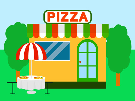 Pizza street shop festival background. Flat illustration of pizza street shop festival vector background for web designのイラスト素材