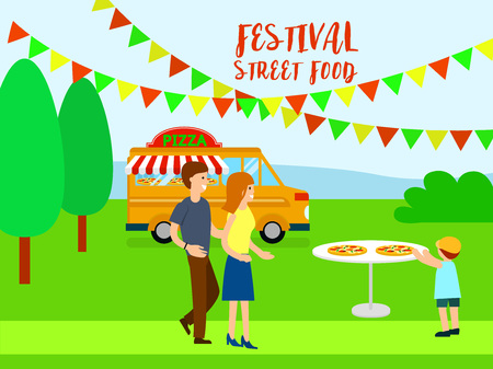 Pizza street food festival background, flat styleのイラスト素材