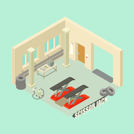 Scissor jack car garage concept background. Isometric illustration of scissor jack car garage vector concept background for web designのイラスト素材