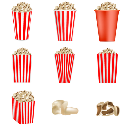 Popcorn cinema box striped mockup set. Realistic illustration of 9 popcorn cinema box striped vector mockups for webのイラスト素材