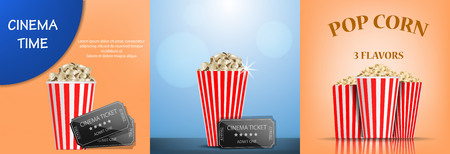 Popcorn cinema box striped banner set. Realistic illustration of 3 popcorn cinema box striped vector banners for webのイラスト素材