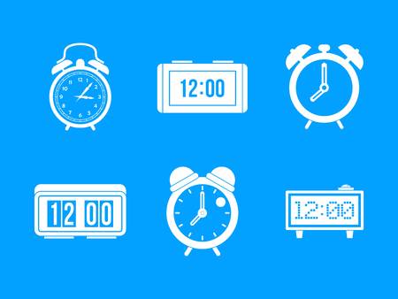 Alarm clock icon set. Simple set of alarm clock icons for web design isolated on blue backgroundの写真素材
