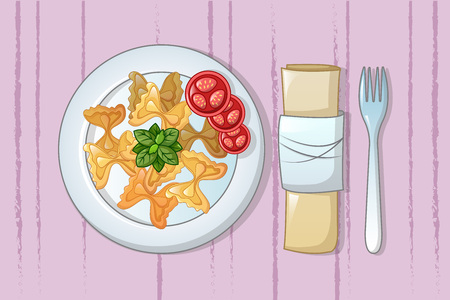 Italian pasta on plate concept background. Cartoon illustration of italian pasta on plate vector concept background for web designのイラスト素材