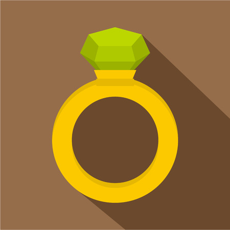 Gold ring with green gem icon. Flat illustration of gold ring with green gem icon for web on coffee backgroundの写真素材
