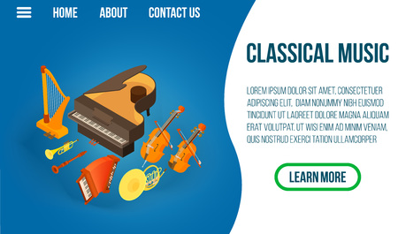 Classic music concept banner. Isometric banner of classic music vector concept for web, giftcard and postcardのイラスト素材
