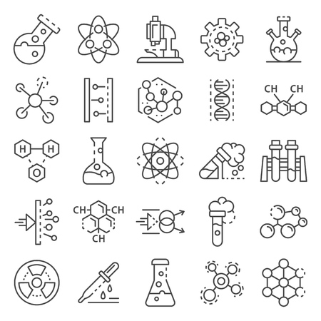 Chemistry lab icon set. Outline set of chemistry lab vector icons for web design isolated on white backgroundのイラスト素材