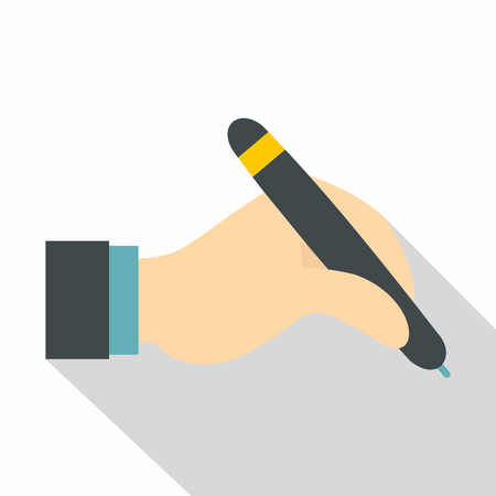 Hand holding black pen icon. Flat illustration of hand holding black pen icon for web on white backgroundの写真素材