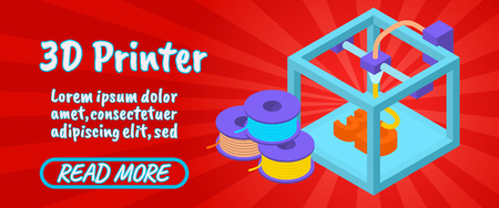 3D printer concept banner. Isometric banner of 3D printer comics vector concept for web, giftcard...