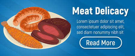 Meat delicacy concept banner. Isometric banner of meat delicacy vector concept for web, giftcard and postcardのイラスト素材