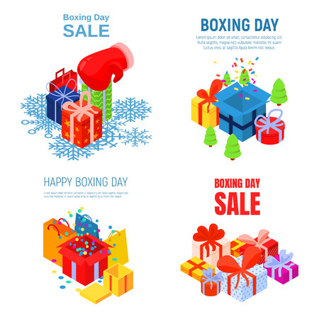 Happy boxing day banner set. Isometric set of happy boxing day vector banner for web designのイラスト素材