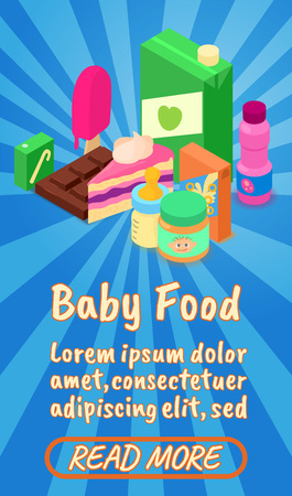 Baby food concept banner. Isometric banner of baby food comics vector concept for web, giftcard and postcardのイラスト素材