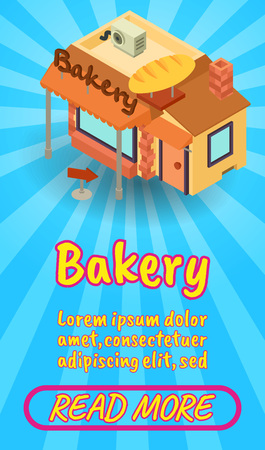 Bakery concept banner. Isometric banner of bakery comics vector concept for web, giftcard and postcardのイラスト素材