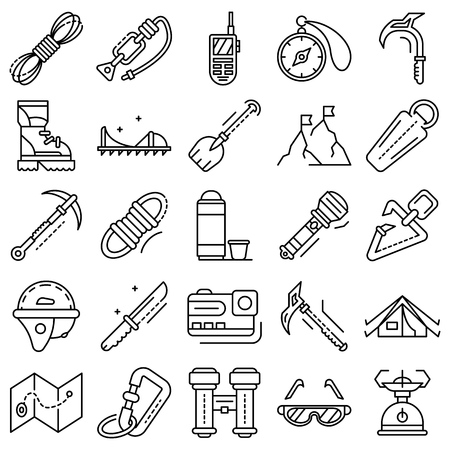 Mountaineering equipment icon set. Outline set of mountaineering equipment vector icons for web design isolated on white backgroundのイラスト素材