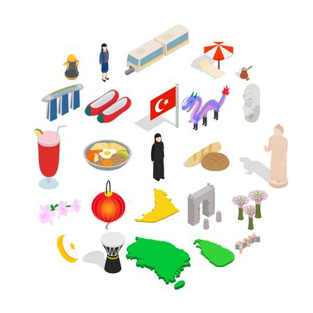 Asian vacation spot icons set. Isometric set of 25 asian vacation spot vector icons for web isolated on white backgroundのイラスト素材