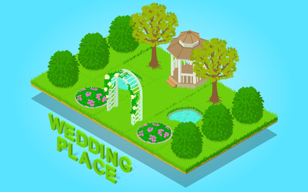 Wedding place concept banner. Isometric banner of wedding place vector concept for web, giftcard and postcardのイラスト素材