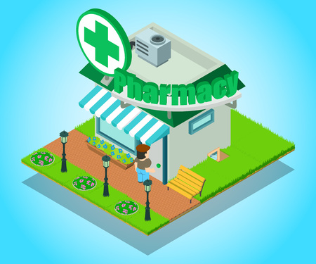 Pharmacy concept banner. Isometric banner of pharmacy vector concept for web, giftcard and postcardのイラスト素材