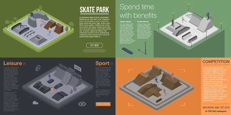 Skate park banner set. Isometric set of skate park vector banner for web designのイラスト素材