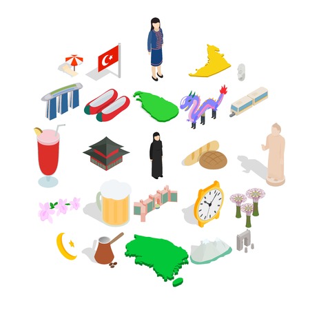 Muslim country icons set. Isometric set of 25 muslim country vector icons for web isolated on white backgroundのイラスト素材