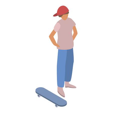 Boy near skateboard icon. Isometric of boy near skateboard vector icon for web design isolated on white backgroundのイラスト素材