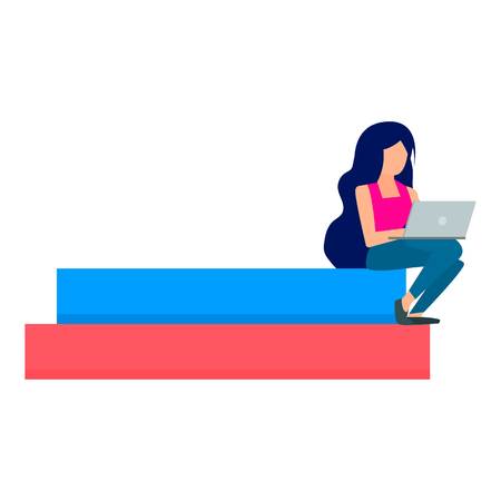 Girl stay with laptop icon. Flat illustration of girl stay with laptop vector icon for web designのイラスト素材