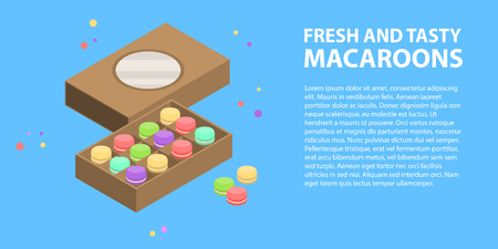 Fresh tasty macaroons box banner, isometric styleのイラスト素材