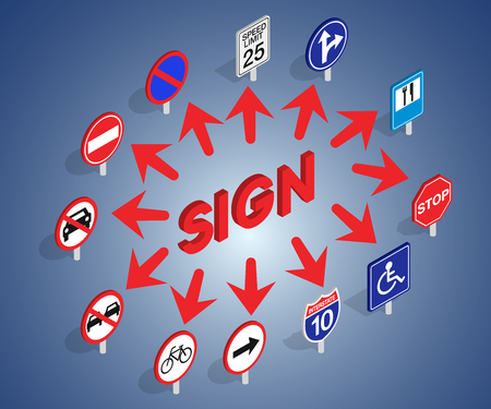 Road sign concept banner. Isometric banner of road sign vector concept for web, giftcard and postcardのイラスト素材