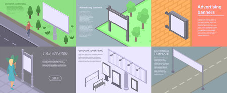 Outdoor advertising banner set. Isometric set of outdoor advertising vector banner for web designのイラスト素材