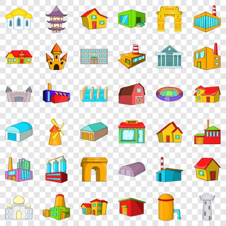 City building icons set, cartoon styleのイラスト素材