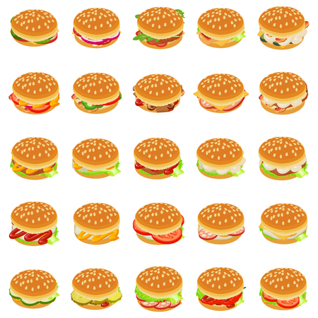 Burger icons set. Isometric set of 25 burger vector icons for web isolated on white backgroundのイラスト素材