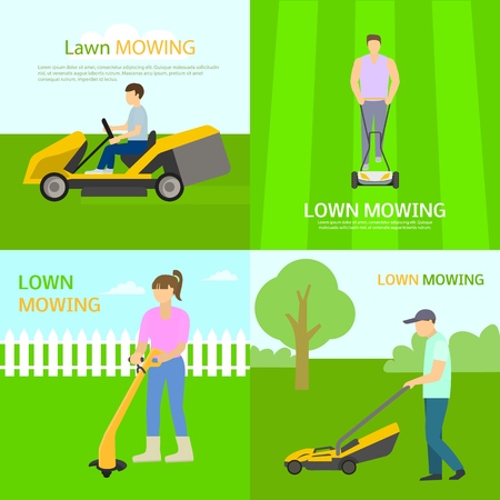 Lawnmower banner set. Flat illustration of lawnmower vector banner set for web designのイラスト素材