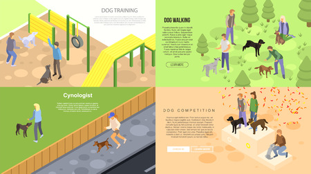Cynologist training banner set. Isometric set of cynologist training vector banner for web designのイラスト素材