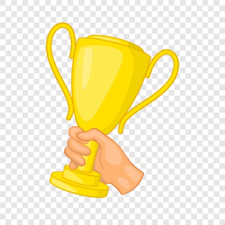 Hand holding gold trophy cup icon, cartoon styleのイラスト素材