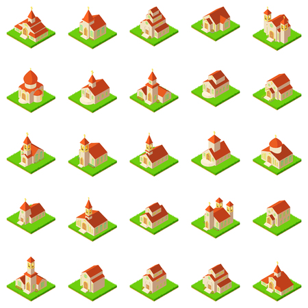 Church icons set. Isometric set of 25 church vector icons for web isolated on white backgroundのイラスト素材