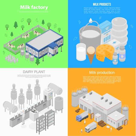 Modern milk factory banner set, isometric styleのイラスト素材