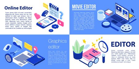 Editor banner set, isometric styleのイラスト素材