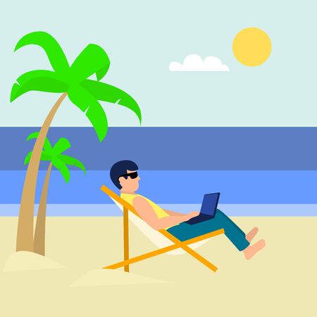 Freelancer on beach chair concept banner, flat styleのイラスト素材