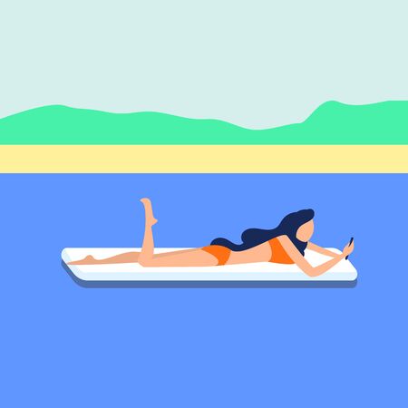 Girl at sea mattress concept banner. Flat illustration of girl at sea mattress vector concept banner for web designのイラスト素材